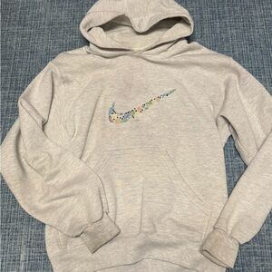 Nike Light Gray Hoodie with Floral Embroidered Swoosh: Size Small